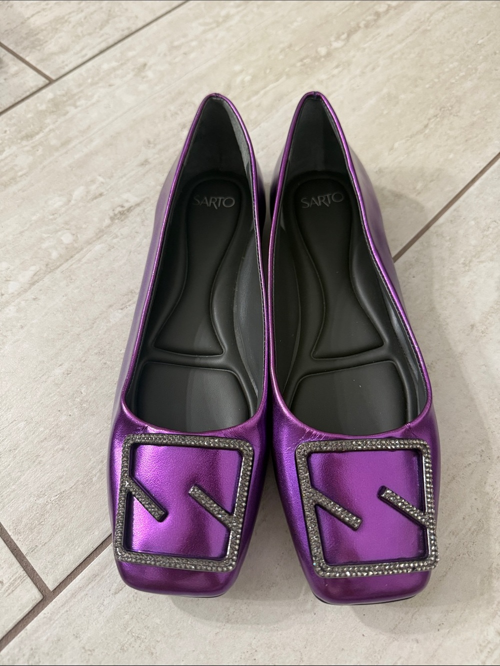 Metallic Purple Square-Toe Flats size 6.5 Sarto flex .. new ..jewel toe